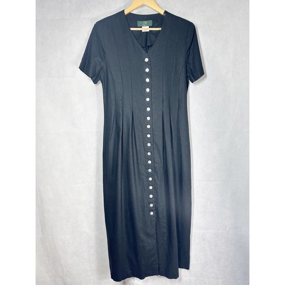 Vintage 90’s Orvis Linen Made in USA Black Button Front Midi Dress Size 12 - Picture 1 of 8